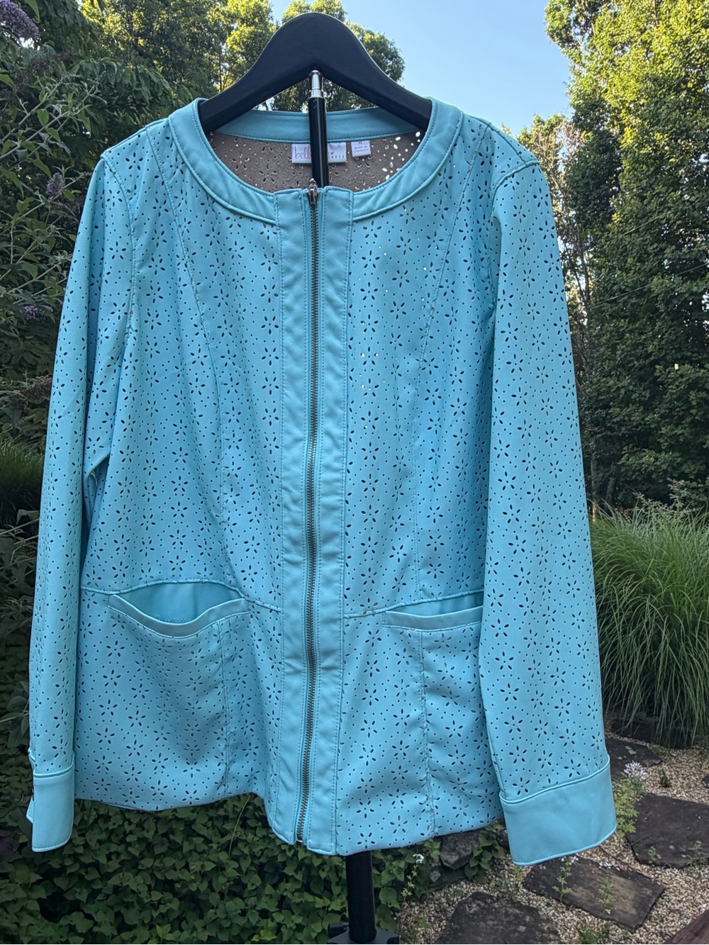 Belle by Kim Gravel Faux Leather Fresh as a Daisy Jacket in Breezy Blue- Size M